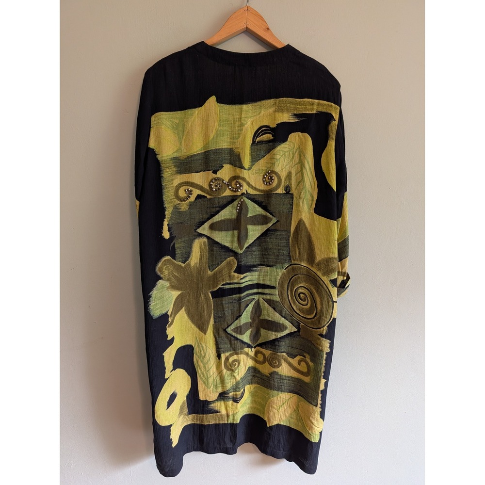 Vintage 90s/Y2K Abstract Art Print Beaded Duster Green M Lagenlook Artistic - Picture 6 of 10